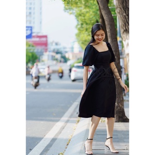 Đầm Midi cổ vuông tay phồng
