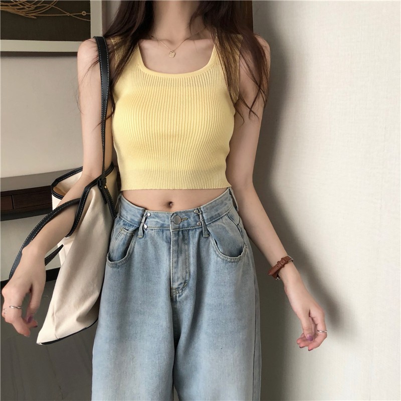 Áo croptop nữ dệt ngắn kim màu trơn Hàn Quốc đen không tay kiểu ôm body tank top vải cotton co giãn tốt