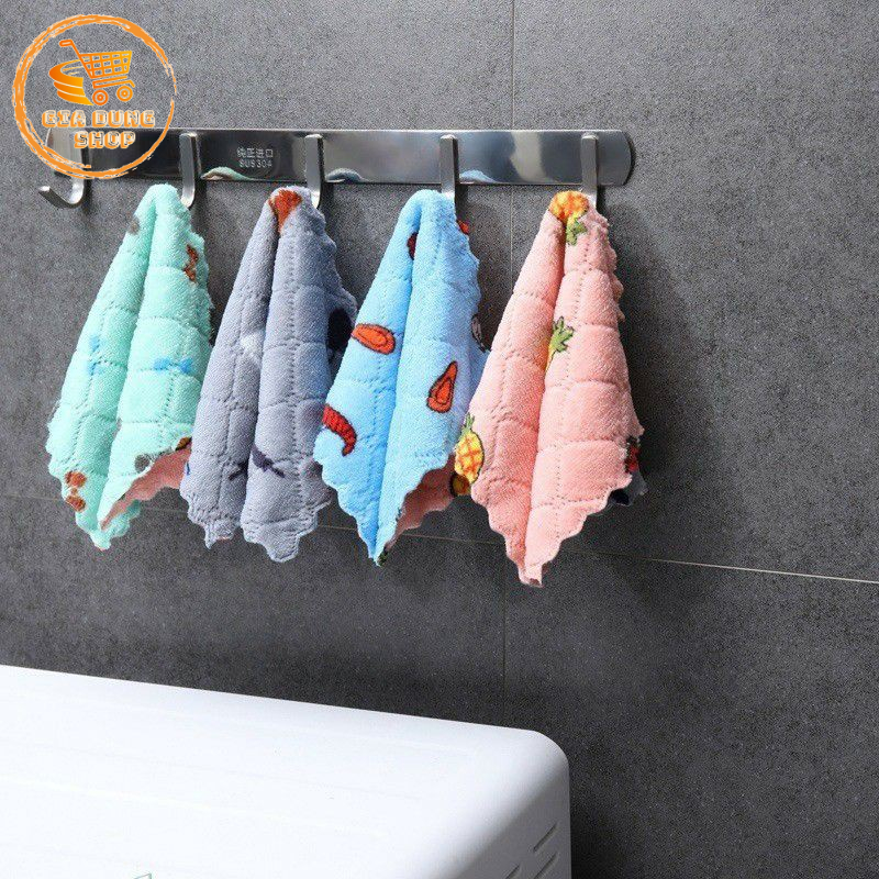 Khăn Lau 2 Mặt Họa Tiết Hoa Quả Hoạt Hình 25x25cm Siêu Thấm Hút Nước Vải San Hô