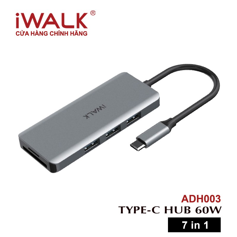 Hub Type-C iWALK 7 in 1, 4K USB-C ra HDMI, cổng sạc PD 60W, 3xUSB3.0 5Gbps
