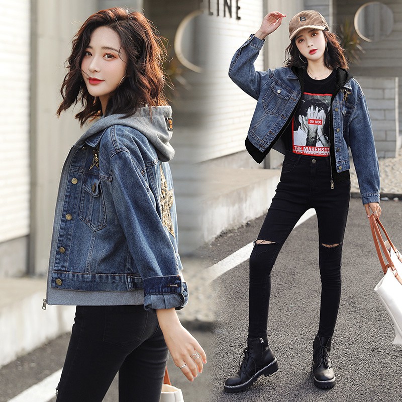 Áo Khoác Denim Nữ Giả 2 Lớp Thêu Hoa Thời Trang