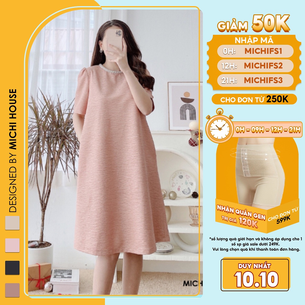 Đầm Gấm Dáng Suông MICHI House V340 Váy Xuông Thiết Kế Cổ Tròn Ngắn Tay Cao Cấp Mặc Tết Đi Tiệc Đẹp Xinh