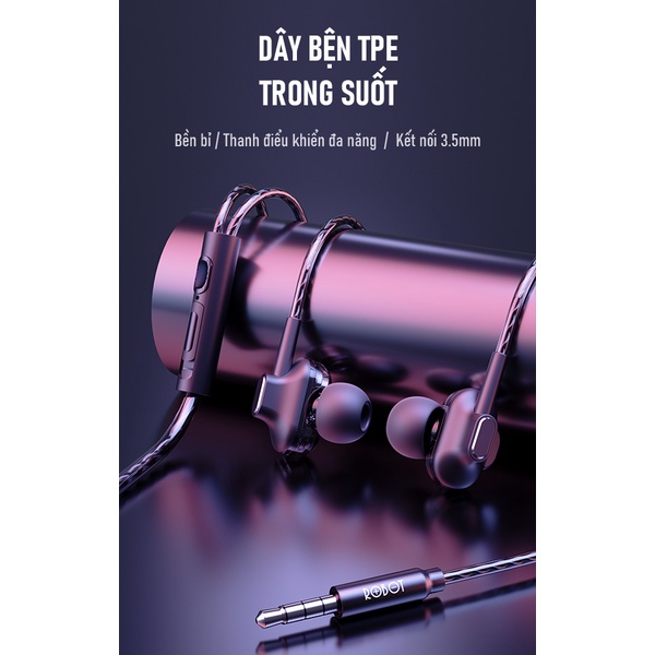 Tai Nghe Dây ROBOT RE30 Thiết Kế In-Ear Dây TPE Trong Suốt Cổng Kết Nối 3.5mm