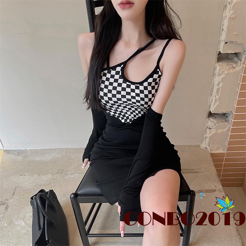 Đầm Mini Hai Dây Ôm Dáng Không Tay In Họa Tiết Caro Kiểu Cách Cho Nữ