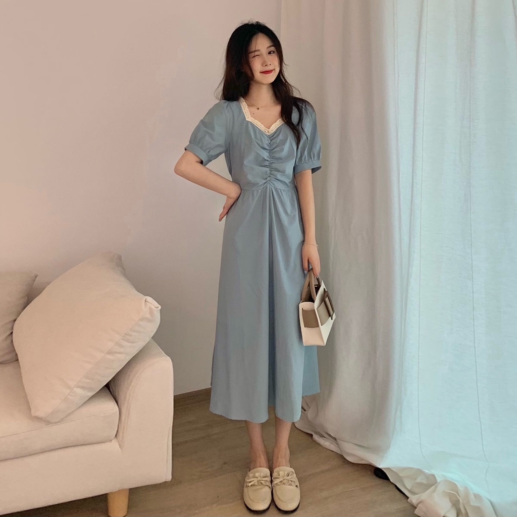 Đầm Tay Phồng Dài Phối Ren Màu Xanh Dương Phong Cách Pháp Thanh Lịch Thời Trang Mùa Hè Cho Nữ