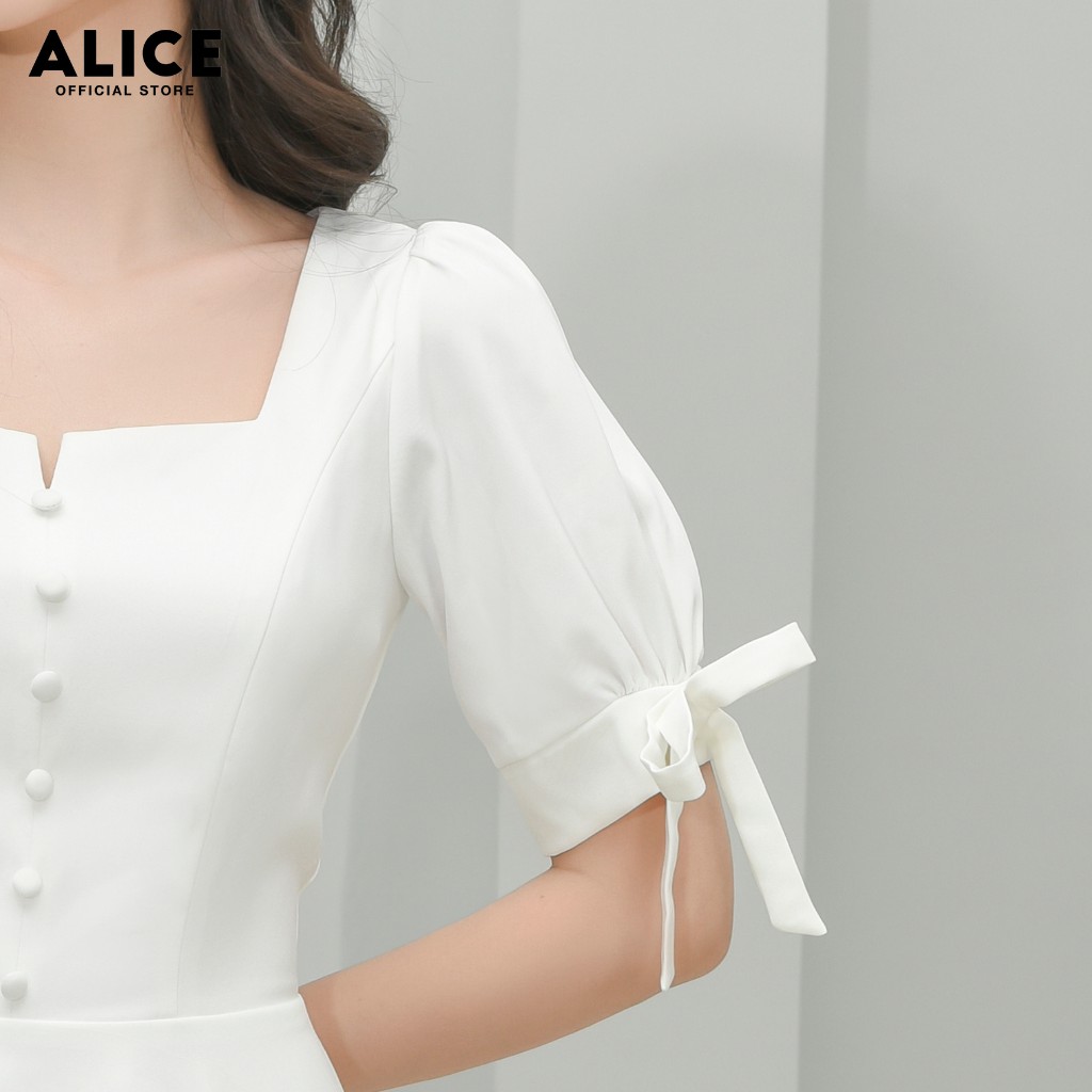 Đầm Thiết Kế Trắng Dự Tiệc ALICE Dáng Xòe Xếp Ly Cổ Vuông Tay Bồng Thắt Nơ Đính Cúc Ngực Trang Trí Thanh Lịch V678 | BigBuy360 - bigbuy360.vn