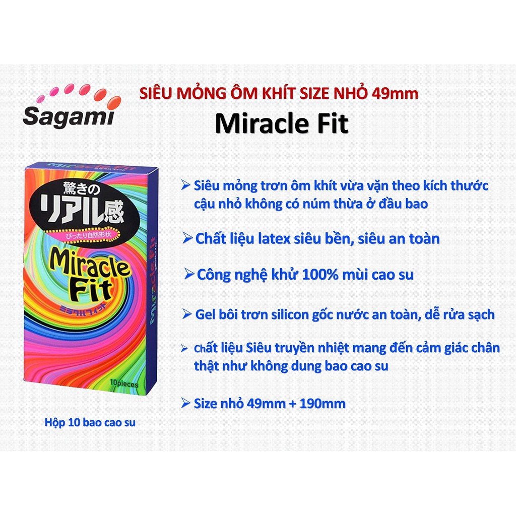 [BAO CAO SU SAGAMI] Bao cao su Sagami siêu mỏng ôm khít size nhỏ 49mm Sagami MIRACLE FIT hộp 10 bao cao su