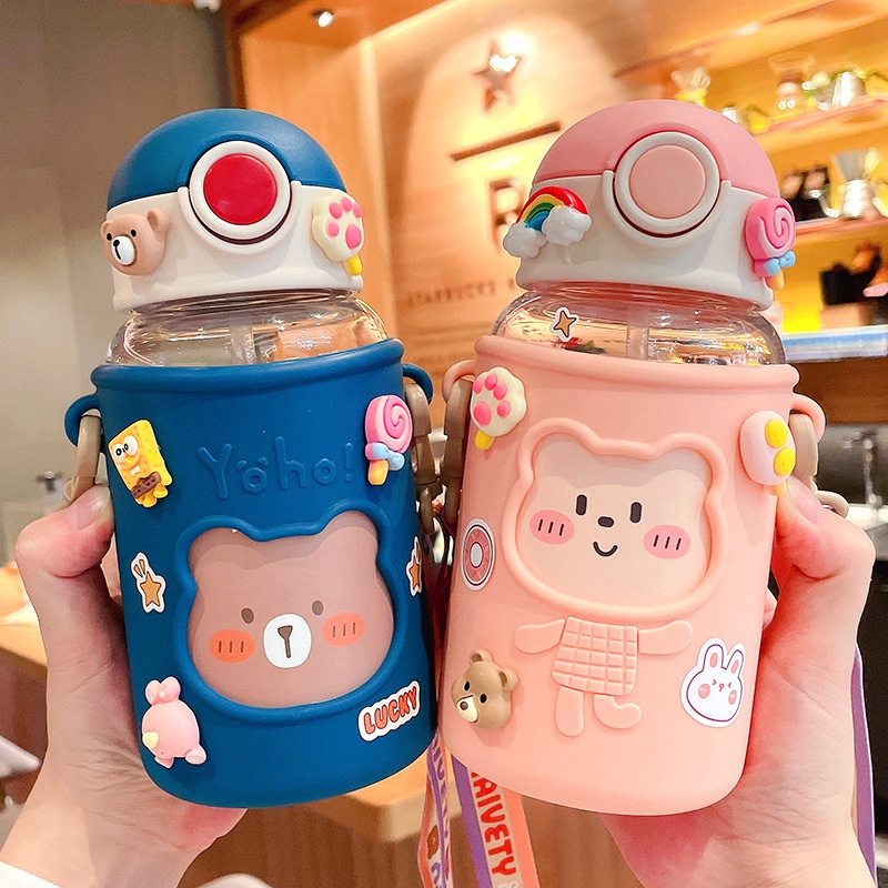 Bình nước cute cho bé có ống hút bằng nhựa hai lớp nắp đậy an toàn dung tích 450ml MiibooShi 55226gfgcf