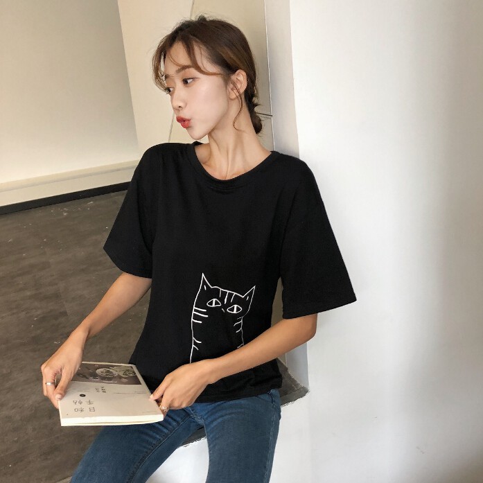 Áo thun form rộng in hình mèo