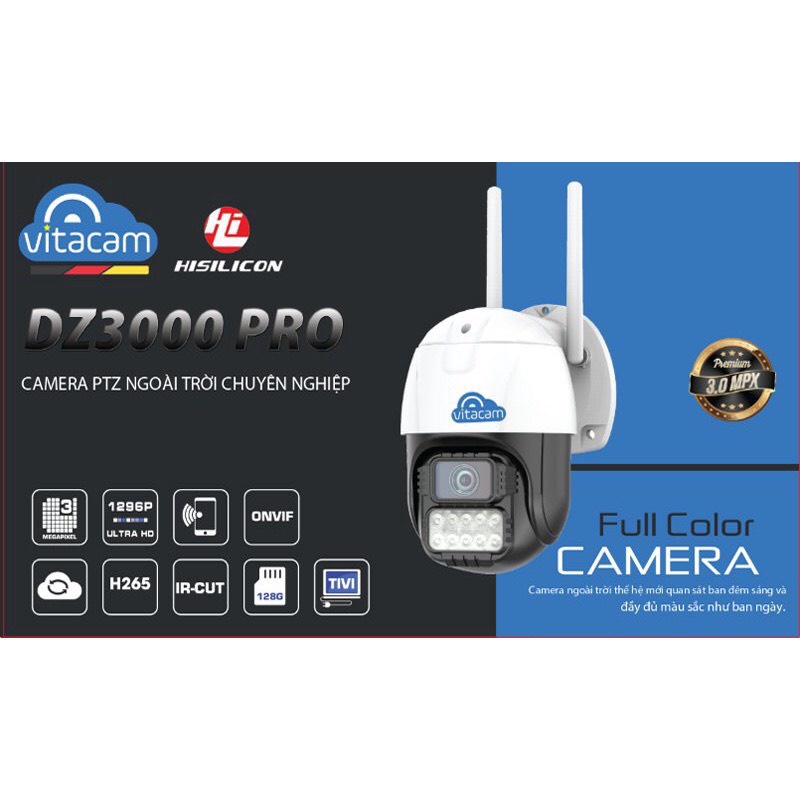 Camera IP Wifi Ngoài trời Vitacam DZ3000 Pro 3MPX 4 LED trợ sáng, 4 LED hồng ngoại, đàm thoại 2 chiều Bảo Hành 1 năm