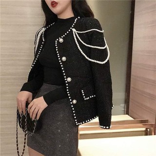 (SẴN) Áo dạ tweed đen viền cúc ngọc