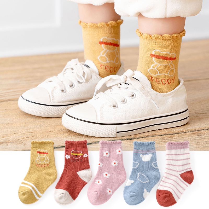 Set 5 Đôi Vớ Cotton Cổ Vừa Họa Tiết Hoa Và Gấu Dễ Thương Cho Bé Gái KokoroCare MF-09 2022 S / M / L 1-8 Tuổi