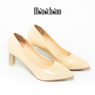 Giày búp bê nữ cao 7cm MINICHINO giày cao gót nữ mũi nhọn, da bóng thời trang màu kem TC010