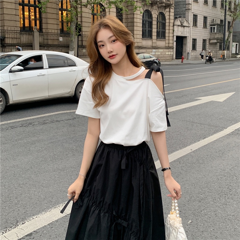 Mới Áo Thun Ngắn Tay Trễ Vai Xinh Xắn Theo Phong Cách Hàn Quốc