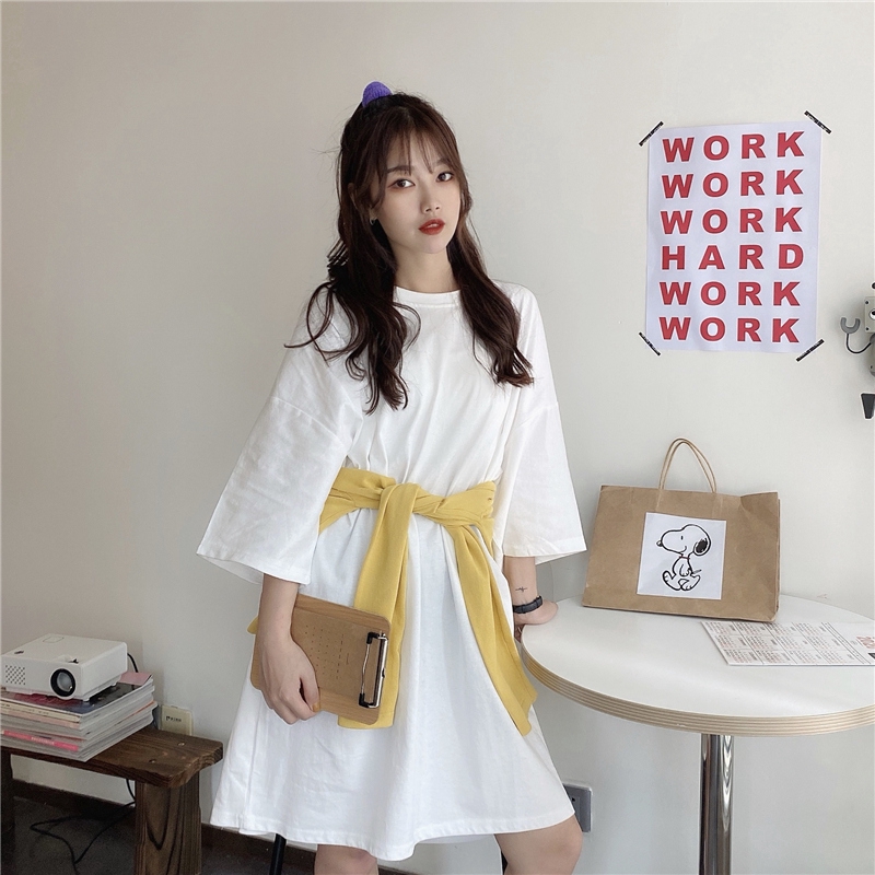 Đầm Thun Tay Ngắn Màu Trơn Thiết Kế Dáng Rộng Thoải Mái