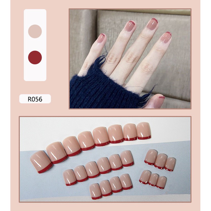 Set 24 móng tay giả họa tiết 3D cao cấp kèm keo dán hồng nude viền đậm 056