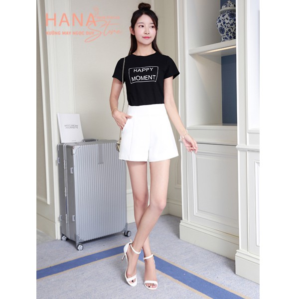 Quần short nữ cạp cao liền gen bụng ôm cá tính màu Đen Trắng vải tuyết mưa mềm dáng quần sooc đùi nữ công sở đi biển học