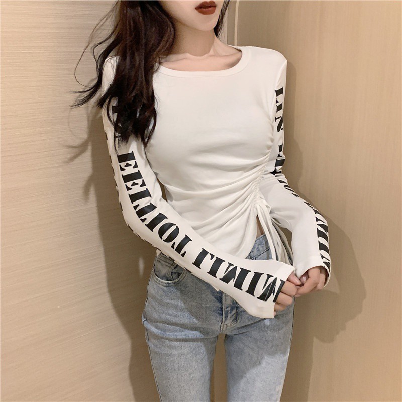 Áo Thun Nữ Tay Dài Dây Rút In Chữ