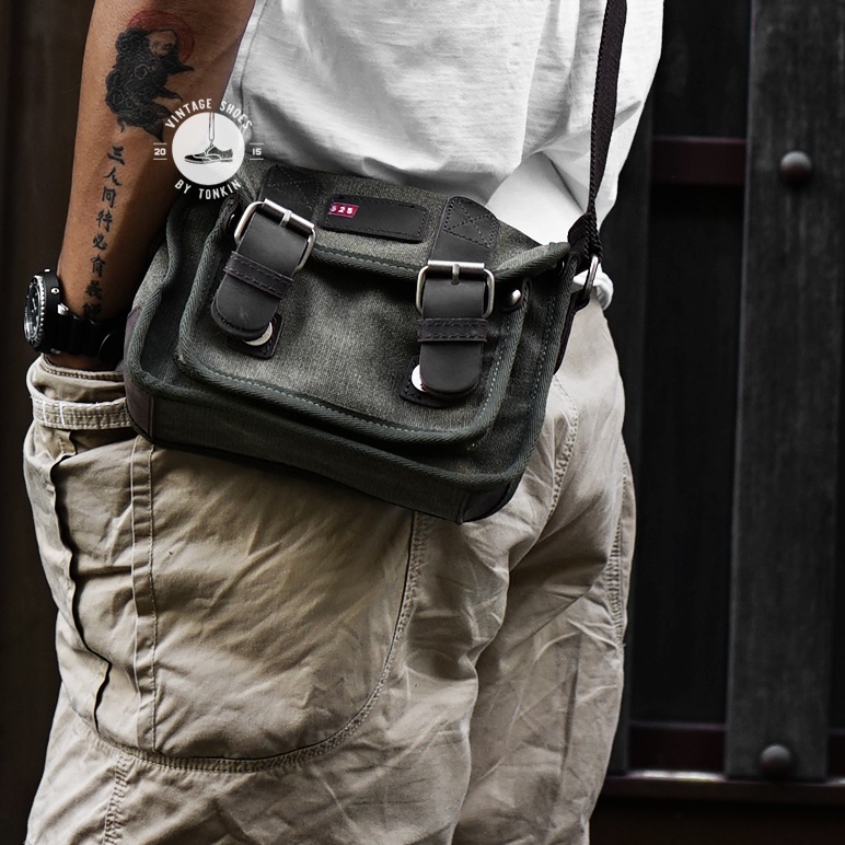 [CHỐNG NƯỚC] Túi đeo chéo hông nam Cavas phối Da thật chống thấm Vintage cao cấp Phong cách quân đội Workwear bag VNXK