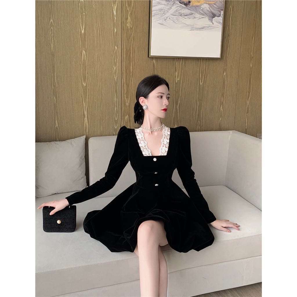 Đầm nhung dáng chữ A phong cách sang trọng khí chất hàng Quảng Châu cao cấp đầu mùa thu