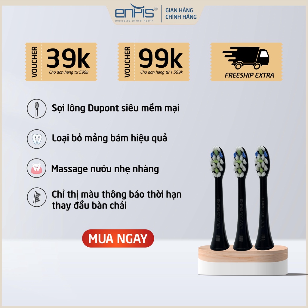 Set 3 đầu bàn chải điện ENPIS thay thế cho dòng SMART - LUX Chính hãng, sợi Dupont cao cấp, kháng khuẩn, màu đen