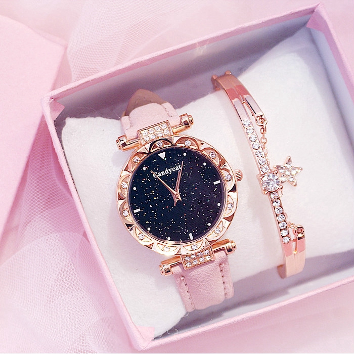 Đồng Hồ Quartz Nữ Mặt Đính Hột Xoàn Dây Da