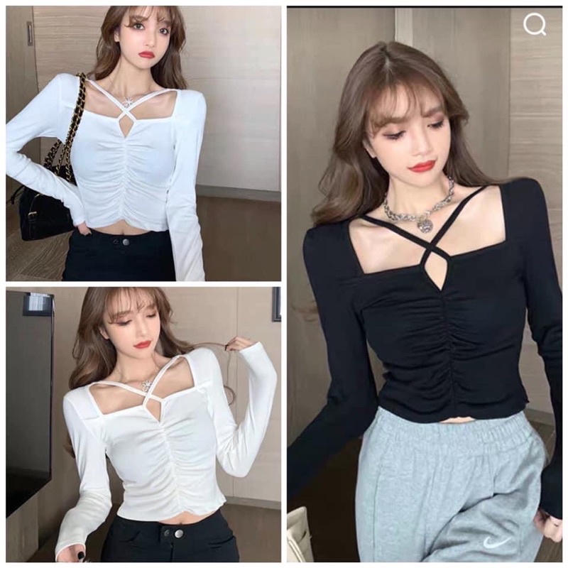 Áo kiểu tay dài croptop cổ vuông kiểu dây chít tiểu thư