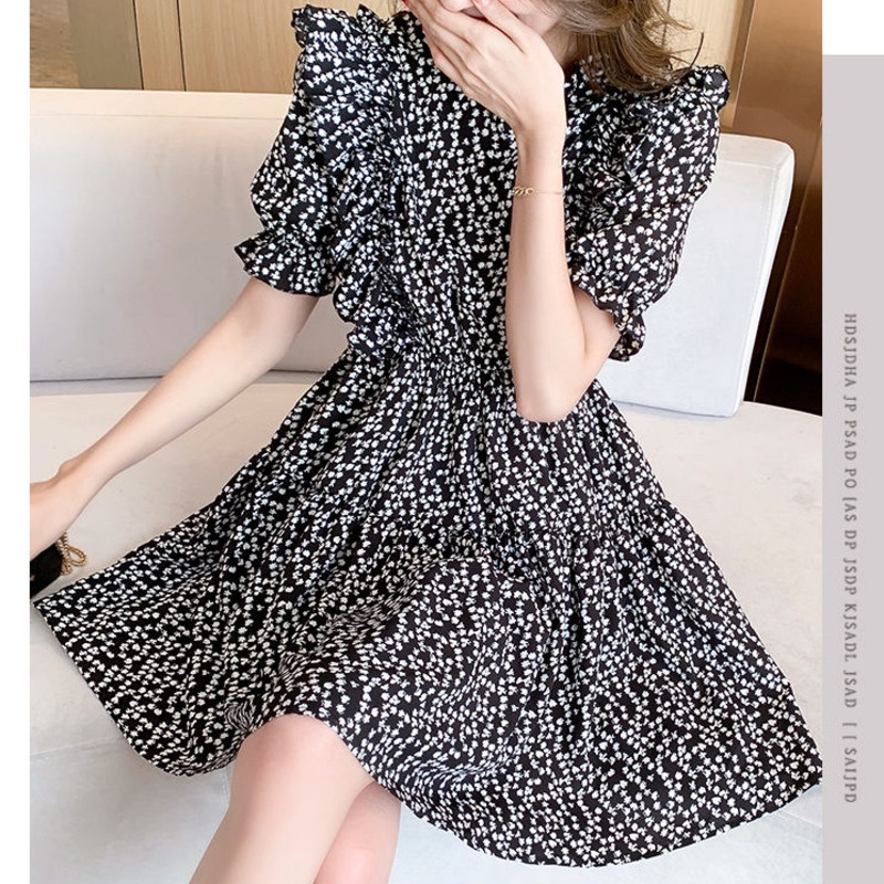 Đầm Hoa Ngắn Tay Thời Trang Xinh Xắn 164550 Chân Váy Chữ a Lưng Cao Thời Trang Cho Nữ
