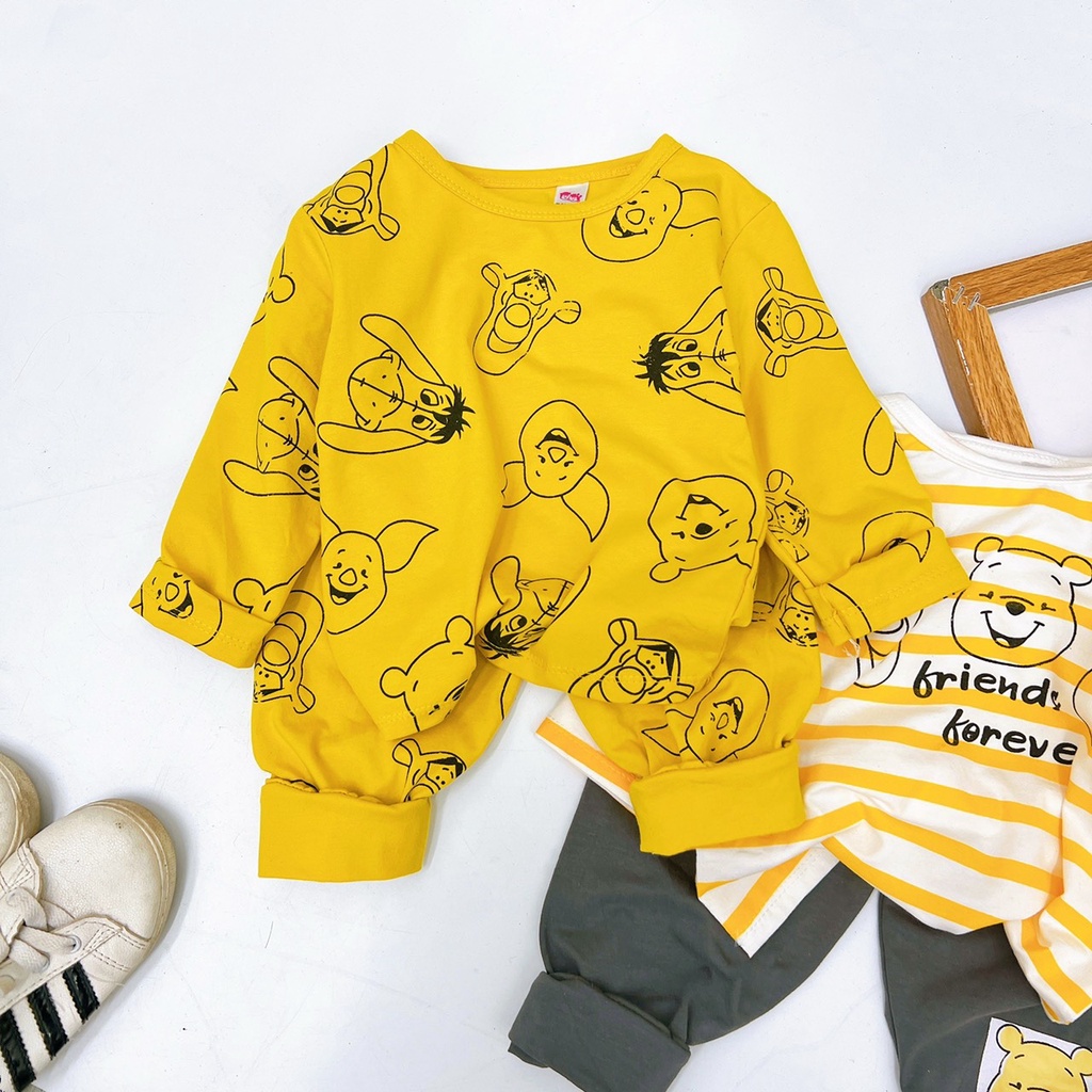 Bộ quần áo bé trai, bé gái, set bộ quần áo dài tay chất cotton họa tiết gấu Pooh cho bé