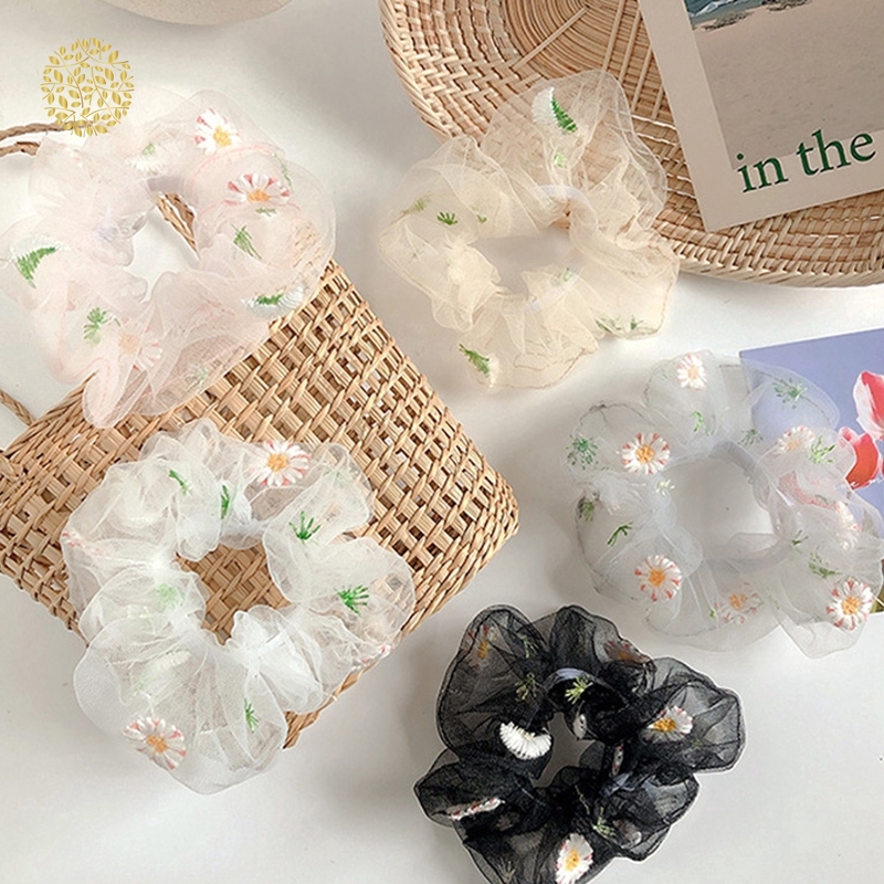 Dây cột tóc lưới co giãn thêu họa tiết hoa phong cách Hàn Quốc xinh xắn thời trang