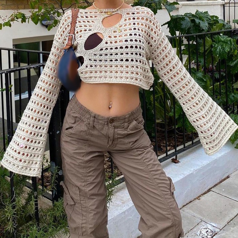 Áo Croptop Tay Dài Phối Lưới Xuyên Thấu Thiết Kế Đục Lỗ Thời Trang Quyến Rũ Cho Nữ