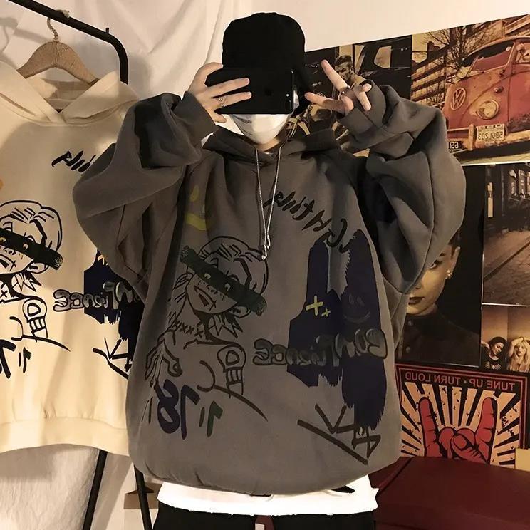 Áo Hoodie Lót Nhung Dáng Rộng Họa Tiết Graffiti Phong Cách Hip Hop Cá Tính Cho Nam