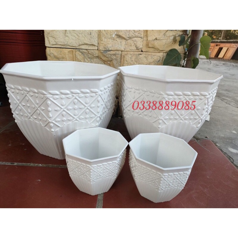 Chậu nhựa Bát giác giả sứ cao cấp, in hoa văn nổi siêu xinh ạ