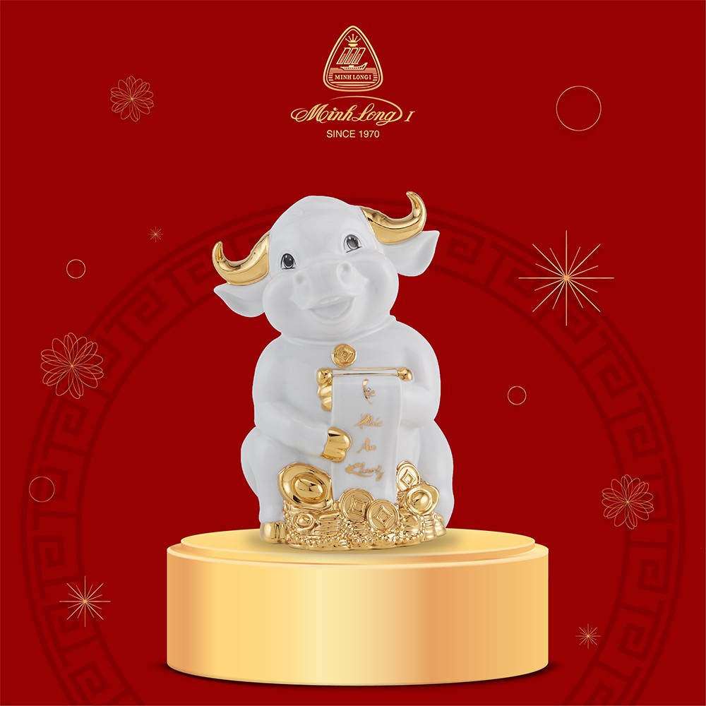 Trâu Hạnh Phúc 9.5cm Minh Long - Màu Trắng - Trang trí vàng 24k | BigBuy360 - bigbuy360.vn