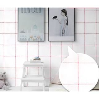 Decal Giấy Dán Tường Khổ 45cm Sẵn Keo nền trắng ô kẻ hồng