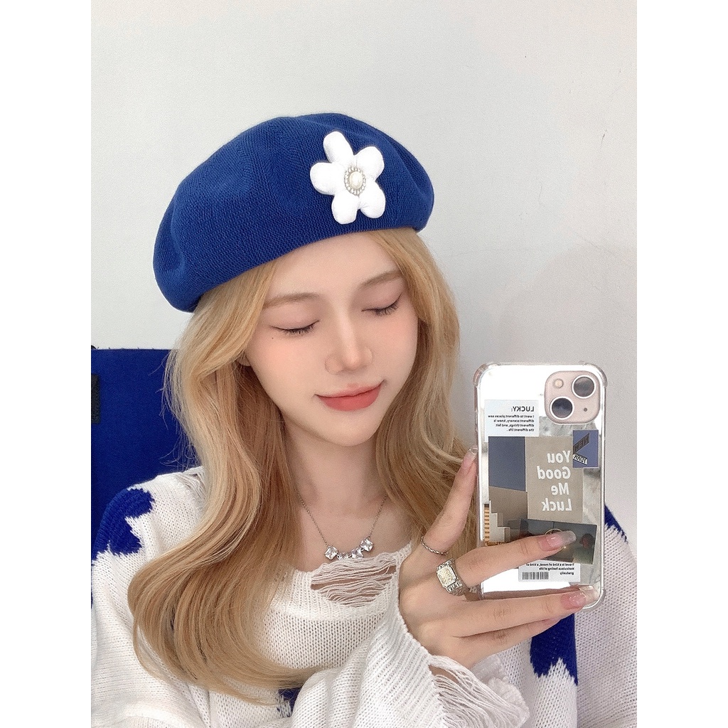 Nón Beret Vải Lụa Mỏng Thoáng Khí In Hoa Nhỏ Màu Xanh Dương Phong Cách Nhật Bản Dễ Thương Cho Nữ
