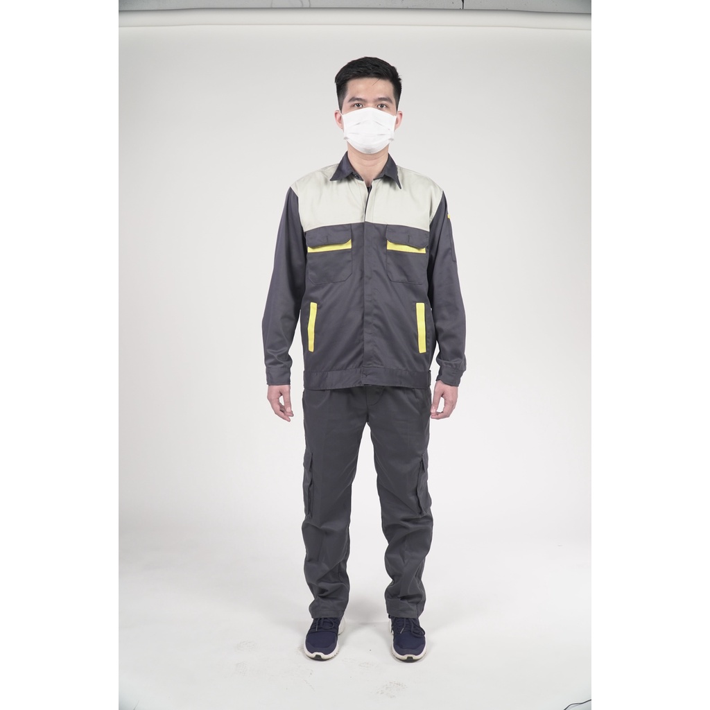 Áo  bảo hộ lao động phối màu xám phối vàng chất liệu kaki cao cấp sẵn hàng kèm video MÃ B01.09-21