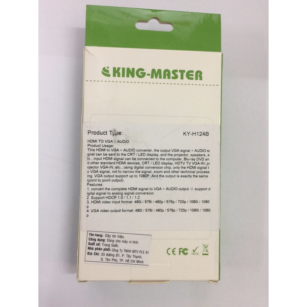 Cáp chuyển đổi HDMI sang VGA KingMaster KYH124B chuẩn 1.4 HD tương thích màn hình LCD