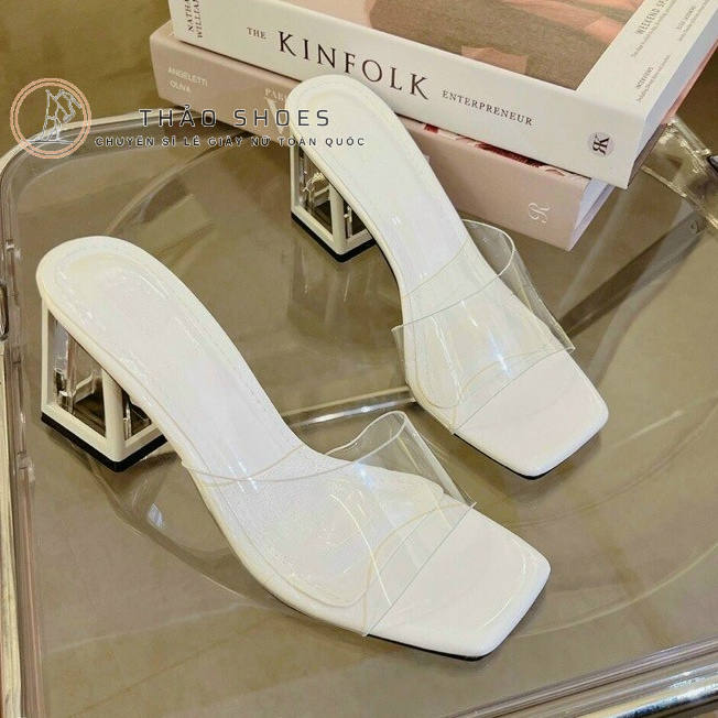 Giày cao gót nữ đế vuông, mũi vuông hở chất quai Meka trong 7cm