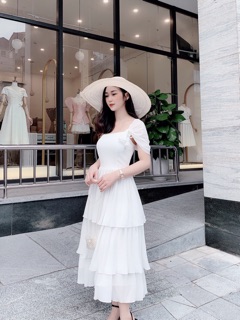 [HÀNG THIẾT KẾ] ĐẦM TRẮNG LỆCH VAI 3 TẦNG DẬP LI (KÈM HOA)