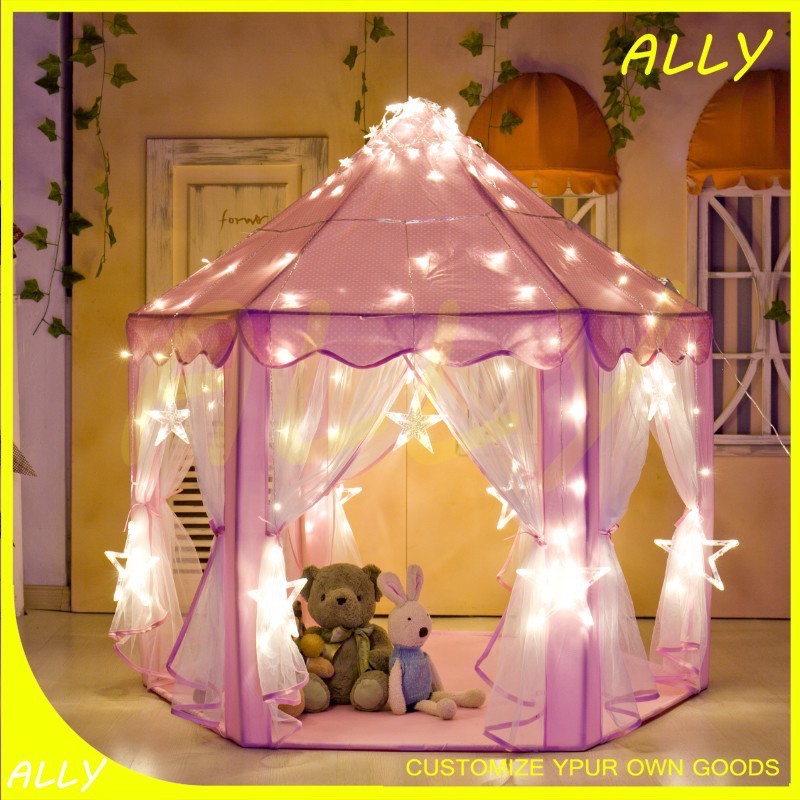 Lều công chúa hoàng tử cho bé trai bé gái lục giác 6 cửa có rèm chống muỗi kèm bóng đèn nháy loại to hồng xanh HB14