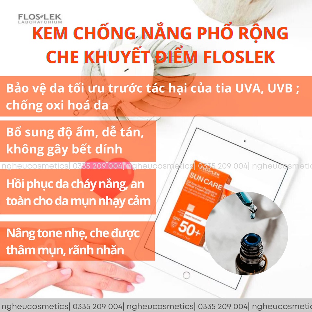 Kem Chống Nắng Floslek SPF 50+ Phổ Rộng Chống Trôi Che Khuyết Điểm Kiềm Dầu Khô Thoáng Cho Da Dầu Mụn Chính Hãng