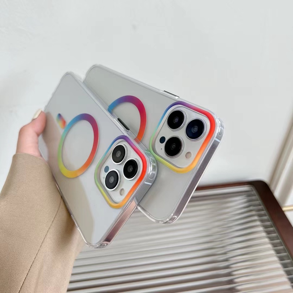 Ốp Điện Thoại PC Từ Tính Trong Suốt Màu Cầu Vồng Mới Cho iPhone 13 13 Pro 13 Pro Max 14 14 Max 14 Pro 14 Pro Max