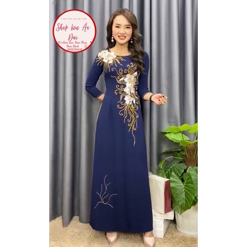 Áo dài mẹ cao cấp đính kết ren và đính pha lê, áo dài tặng mẹ cổ tròn tay lỡ sang trọng