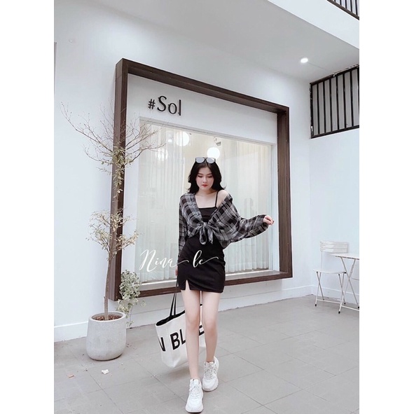 Set đầm dây body kèm áo khoác sơ mi caro giá rẻ