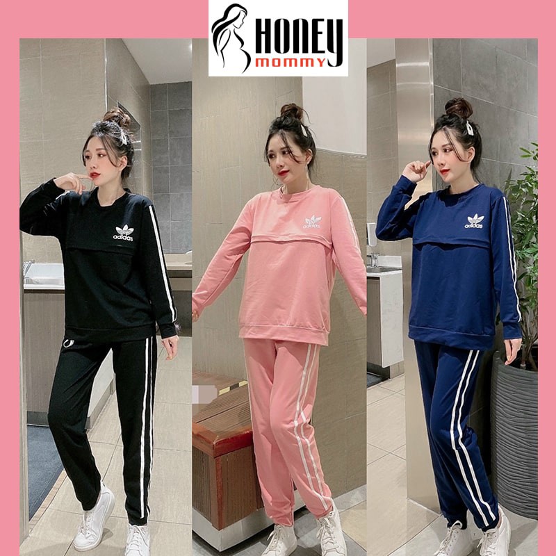 Bộ Bầu Thu Đông Kết Hợp Sau Sinh 2 Chức Năng Dài Tay Chất Nỉ Ấm, Đồ Mặc Cho Con Bú Trẻ Trung Thể Thao HT4630 Honey Mommy