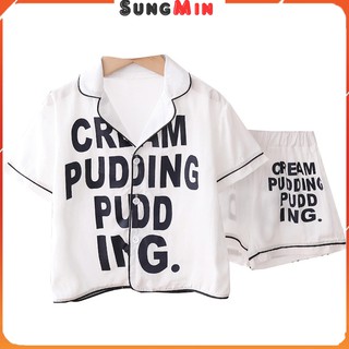 Đồ Bộ Pijama Cộc Tay In Chữ Cho Bé Trai Bé Gái Sung Min, Đồ Ngủ Lụa Cộc Tay Cho Bé Từ 6-28Kg