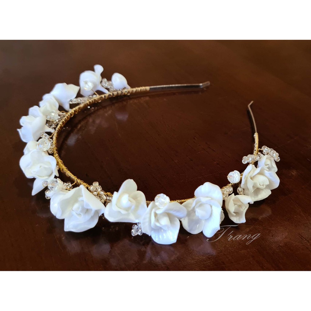 Bờm cài tóc cô dâu hoa trắng pha lê cườm Nhật-hàng thiết kế
