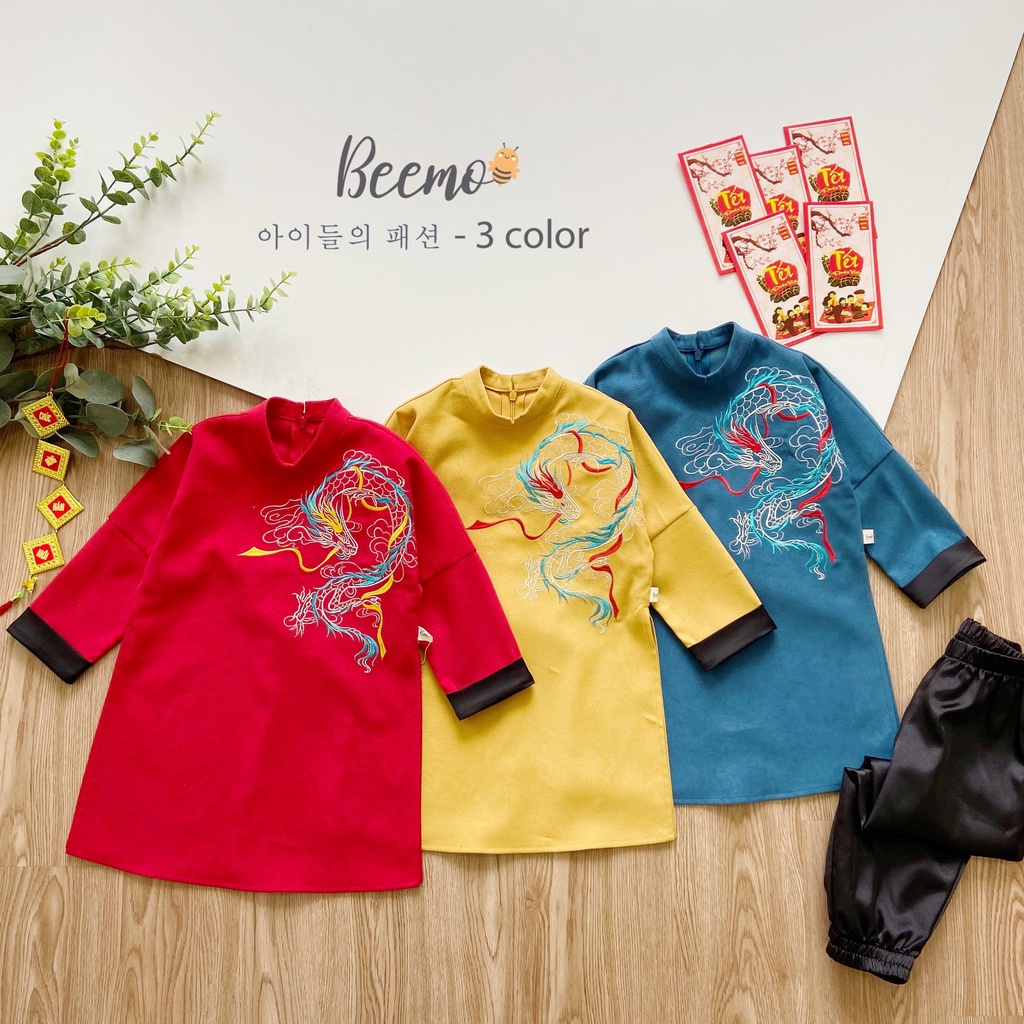 Bộ set áo dài Beemo chất liệu nhung chéo mềm mịn thêu hình rồng kèm quần lụa bóng đen - 21D071
