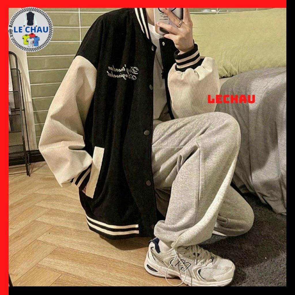 Áo khoác bomber nhung tăm unisex form rộng chữ D AKNT009 LECHAU varsity jacket 2 lớp thêu chữ streetstyle rẻ đẹp chất